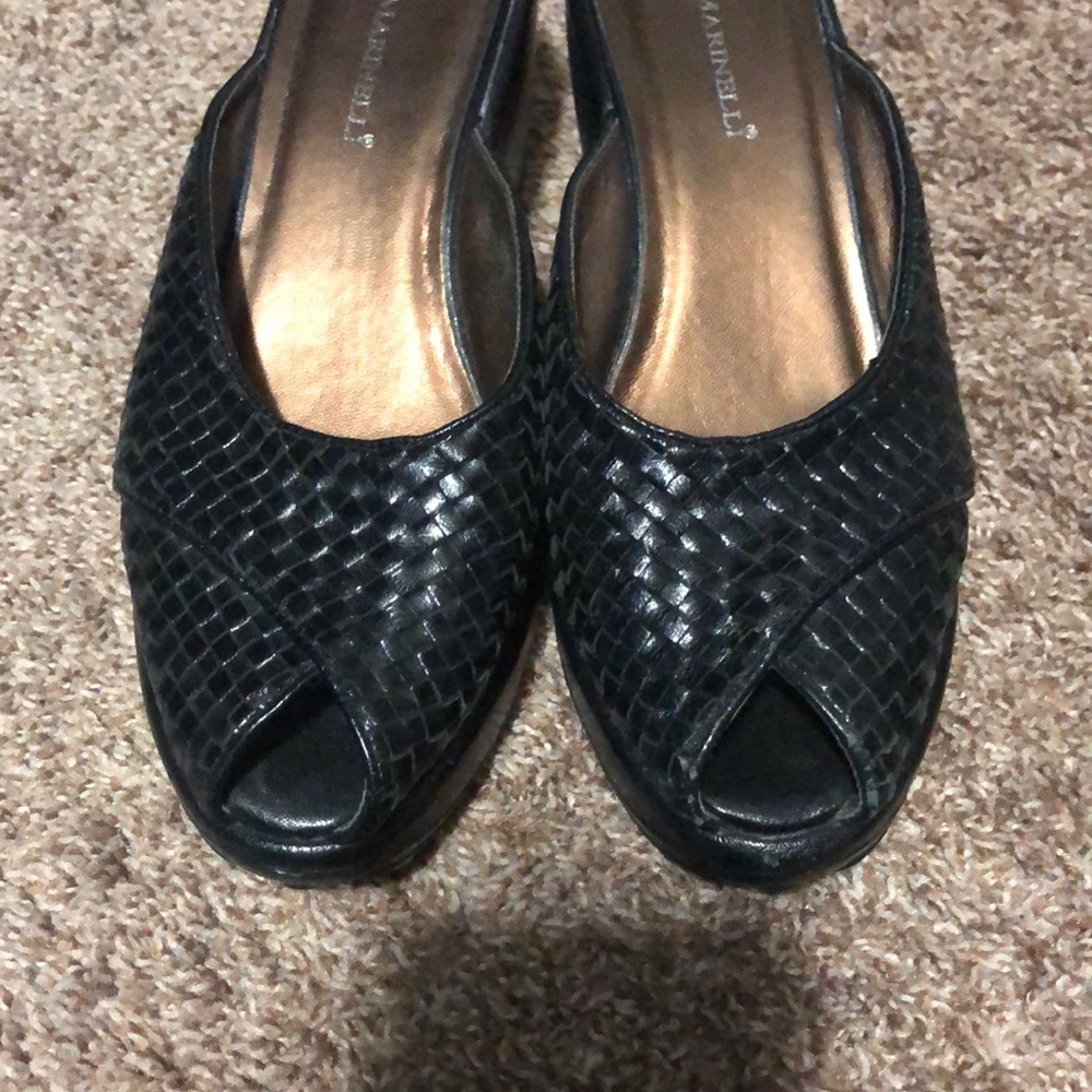 A Marinelli black slip on wedges size 9